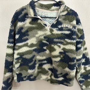 Casual Navy Print Sherpa Crewneck Sweater